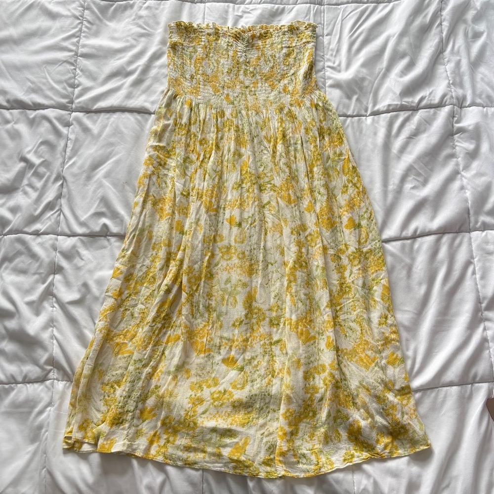 Kimchi Blue Yellow Floral Smocked Strapless Midi Dress Small Cottagecore Prairie